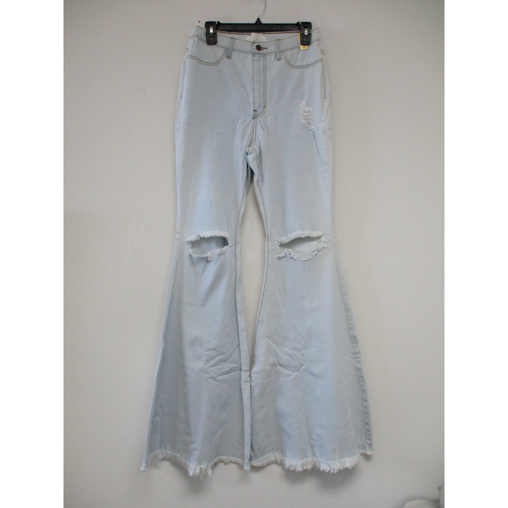 Vibrant MIU Jeans Women 13 Blue Super Flare Distressed High Rise Boho P1755